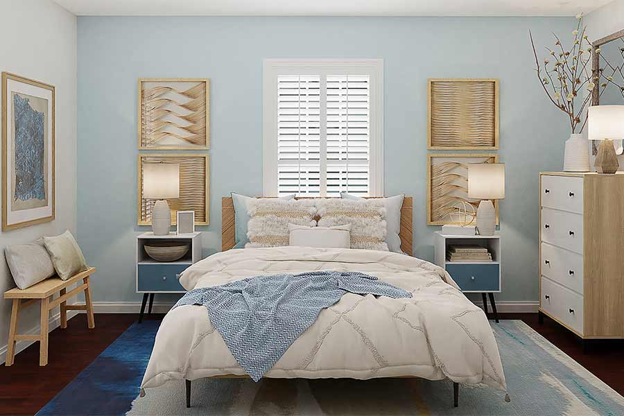 bed-in-front-of-window-white-blinds-baby-blue-room-modern-decor