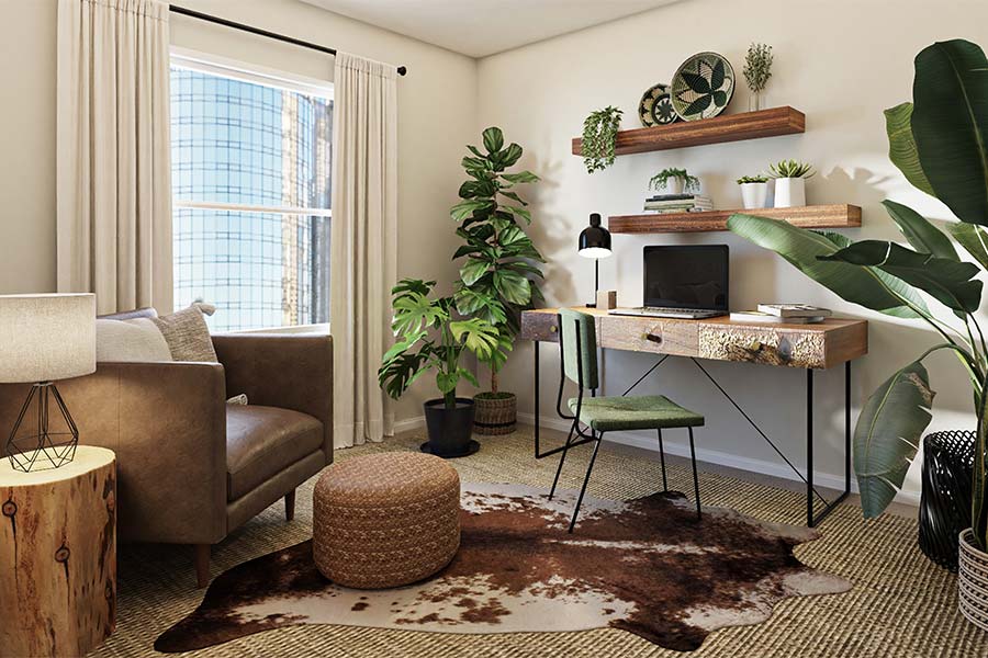 apartment-living-area-organized-into-different-zones-window-desk-club-chair-ottoman-indoor-plants | The Personal Helpers