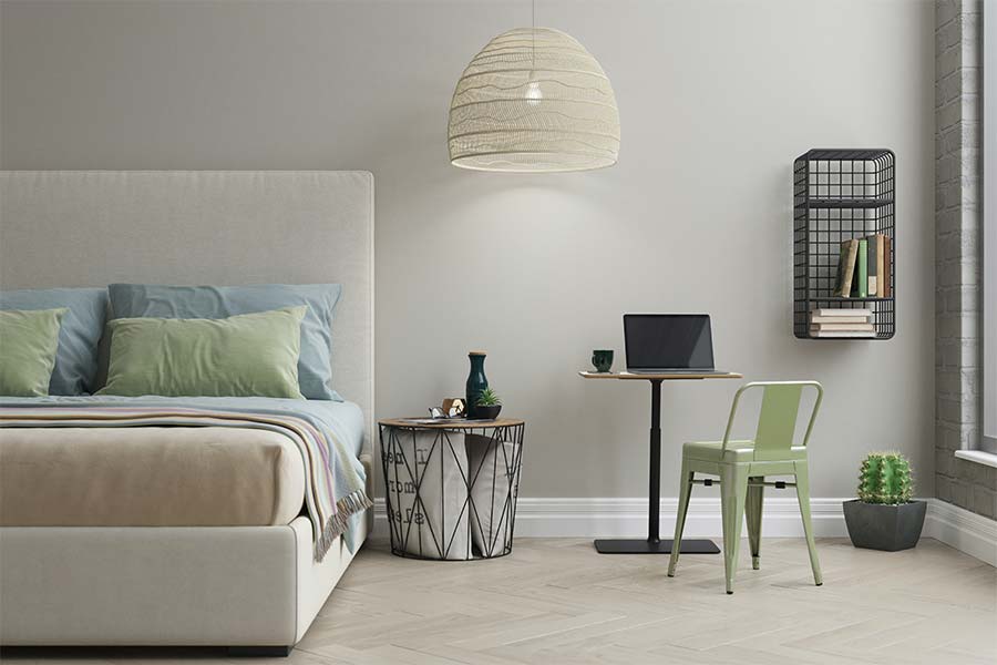 minimalist-bedroom-with-multi-purpose-nightstand-mini-table-green-metal-chair-wall-book-shelf | The Personal Helpers