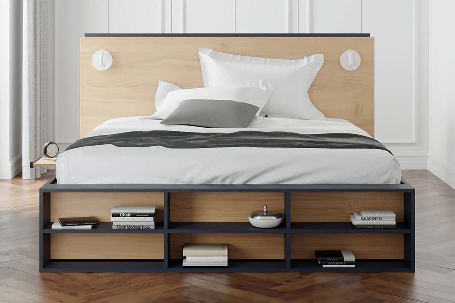 bookcase-bed-frame-at-foot-of-the-bed-shelving-bedroom-white-dark-grey-bed-dress
