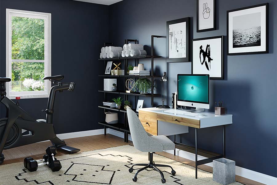 navy-blue-walls-white-trimmings-minimalist-bedroom-winddow-exercise-bike-home-desk-wall-rack