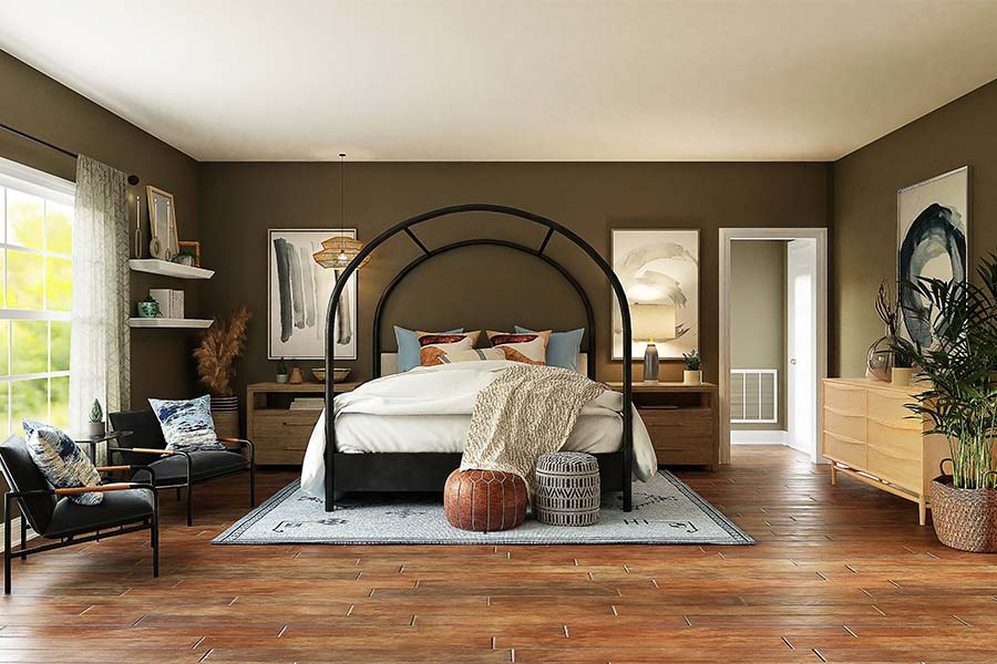 perfectly-designed-bedroom-arrangement-and-style-black-canopy-style-rods-wood-floor-area-rug