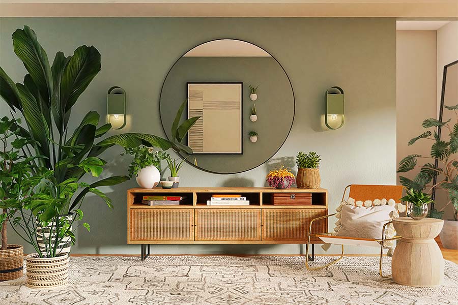 stylish-bedroom-furniture-large-indoor-plants-wall-mirror-storage-end-table