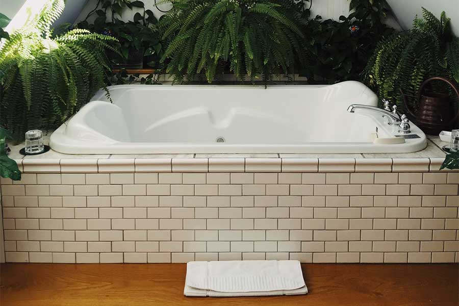 hot-tub-with-organized-plants-in-bathroom