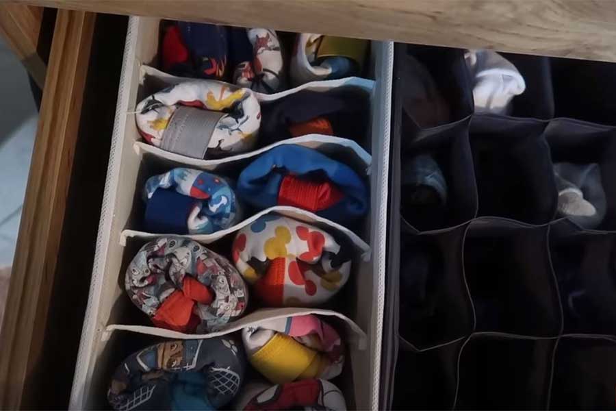 Neatly folded underwear organized in a dresser