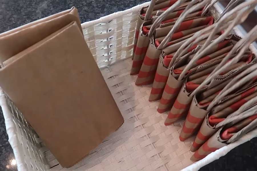 Neatly folded and organized paper bags in a basket