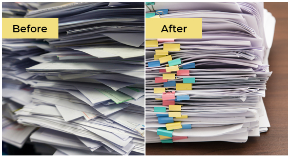 A stack of papers organized before and after